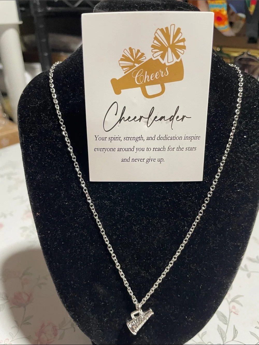 Cheerleader Silver Megaphone Necklace, Card and Dust Bag Set